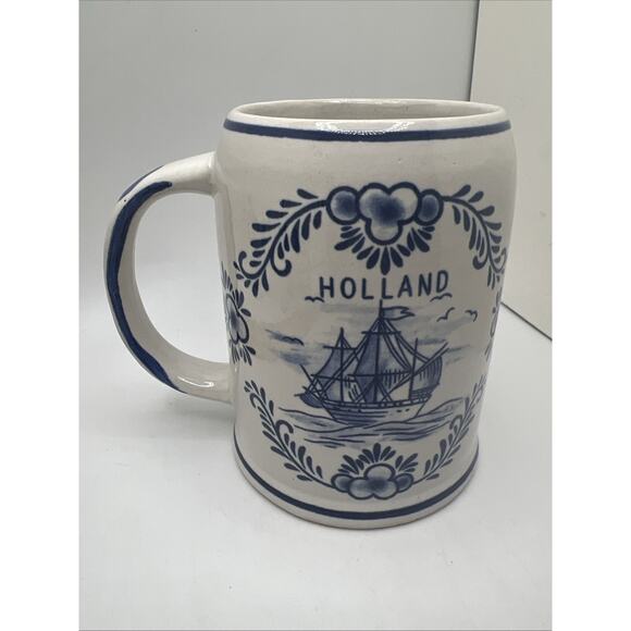 Delft Blue Ceramic Hand Painted Blue Mug/Stein Sailing Boat/ Windmill - Picture 1 of 6